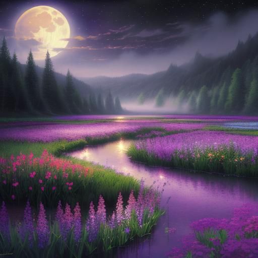Ethereal Flower Field at Night by Lake