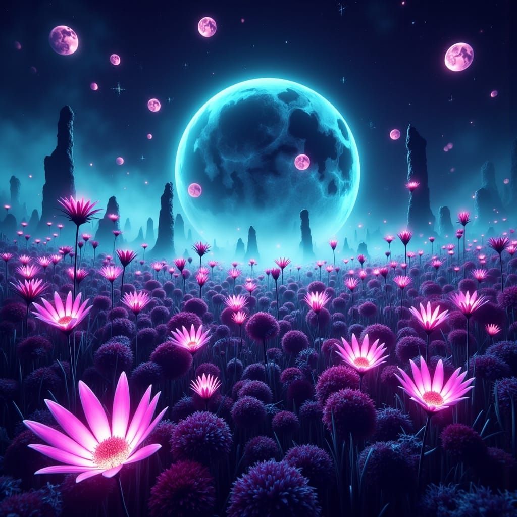 Glowing Alien Bloomfield Under Vibrant Cosmic Skies