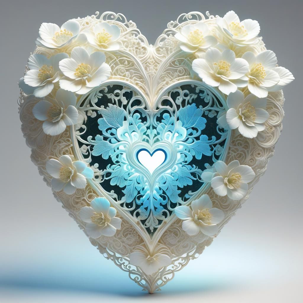 Luminous Filigree Heart with Bioluminescent Flowers