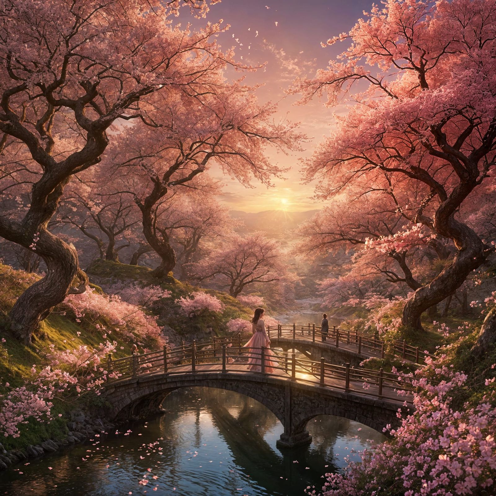 Sunset in Cherry Blossom Grove, Anime Style