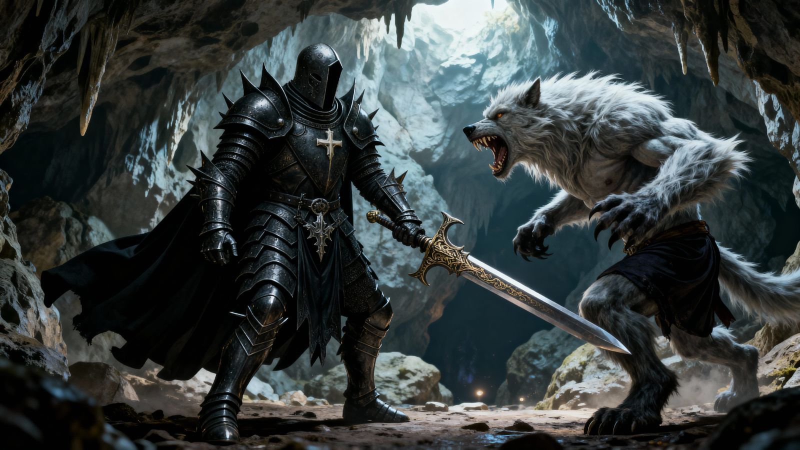 Knight Battles Werewolf in Vast Underground Cave