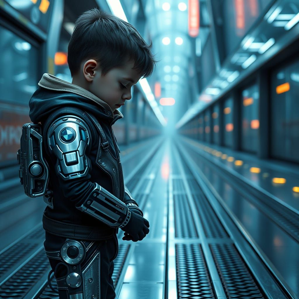Futuristic Boy Counts Metallic Sidewalk Stripes