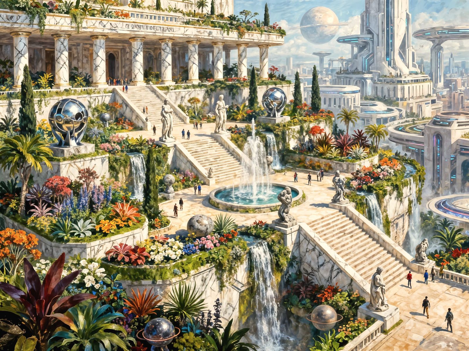 Futuristic Hanging Gardens of Babylon Oil Painting