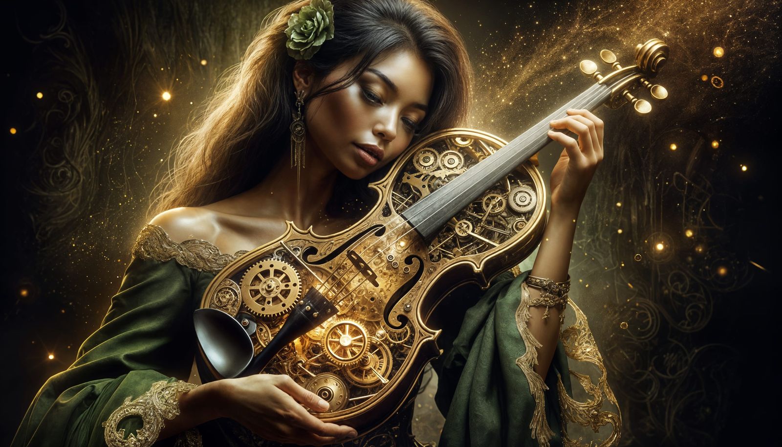 Steampunk Fantasy Woman Plays Golden Clockwork Violin