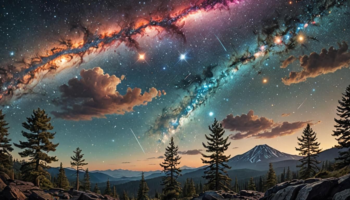 Figure on Mountain Amidst Cosmic Explosions