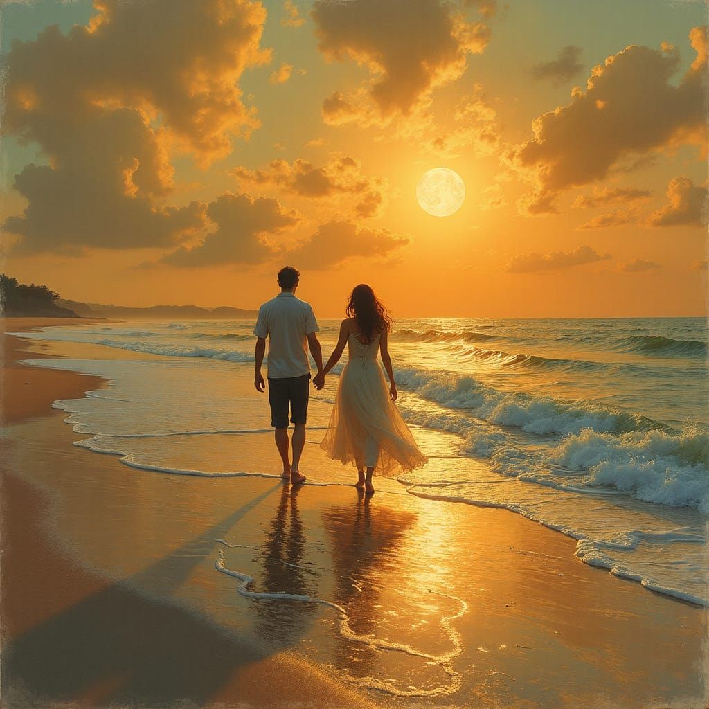 a couple walking along the beach, full moon