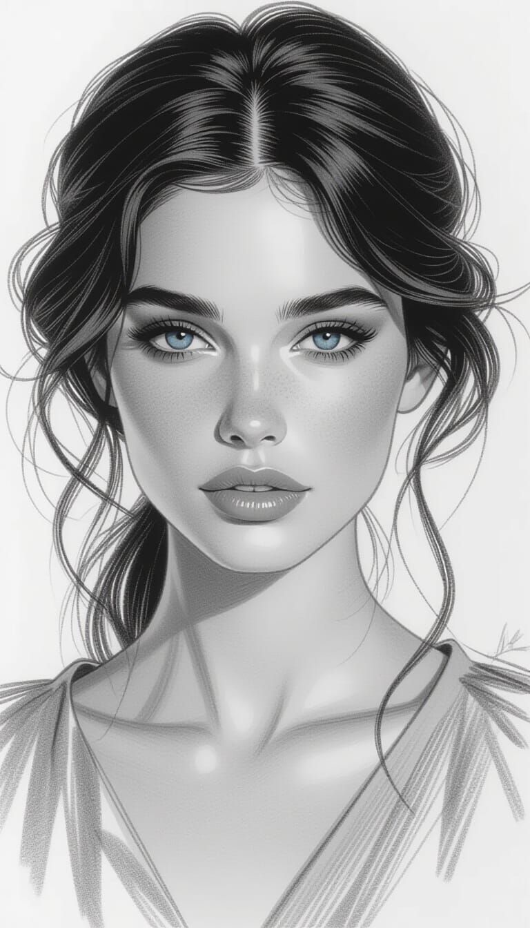 Woman's Innocent Gaze in Detailed Pencil Sketch