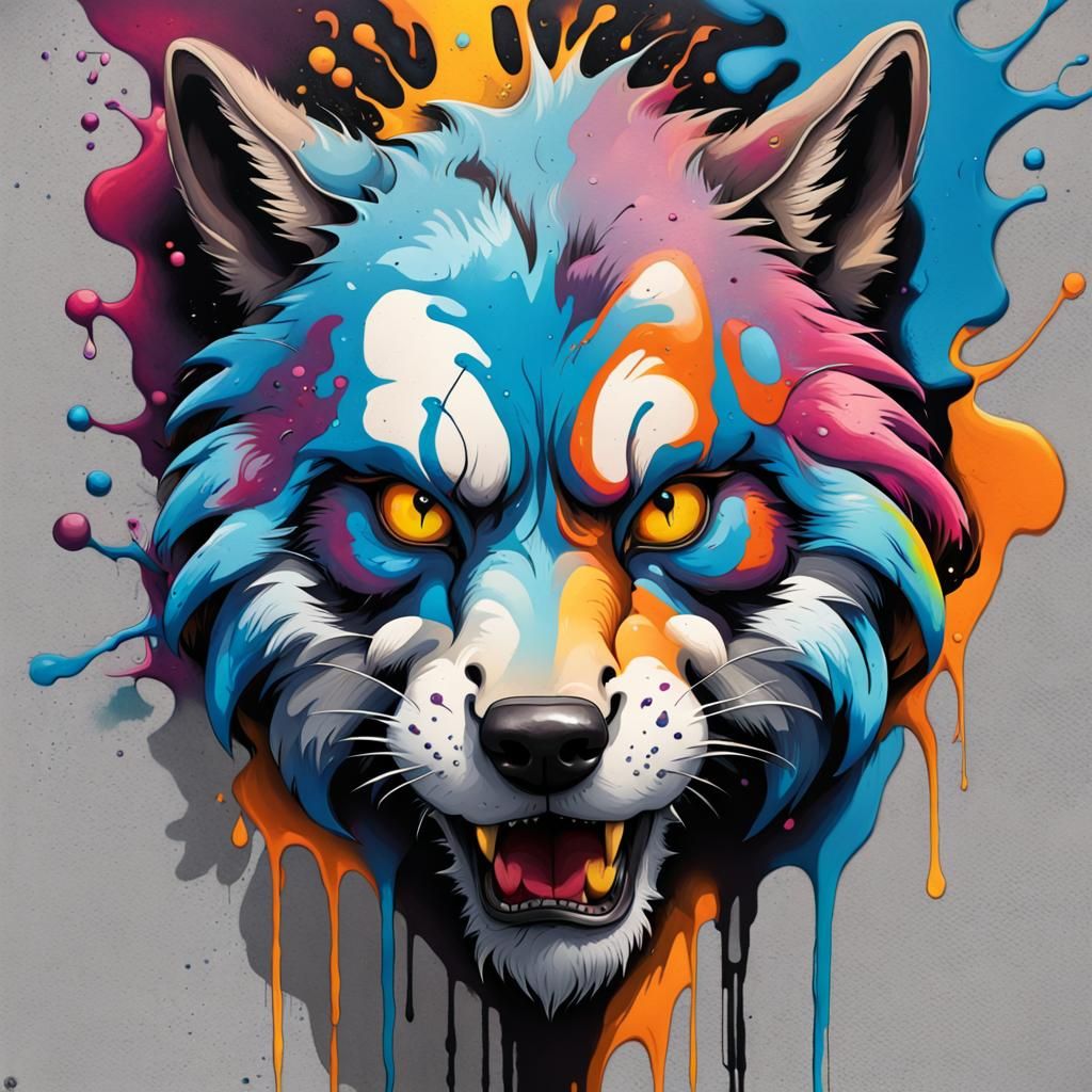 Wolf Graffiti Art in Polychromatic Splash Style