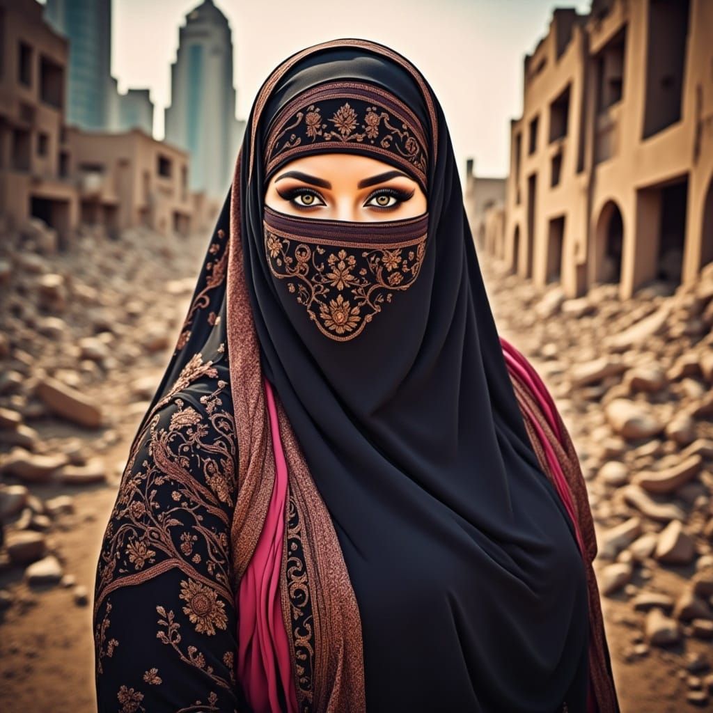 Woman in Niqab in Post-Apocalyptic Cityscape