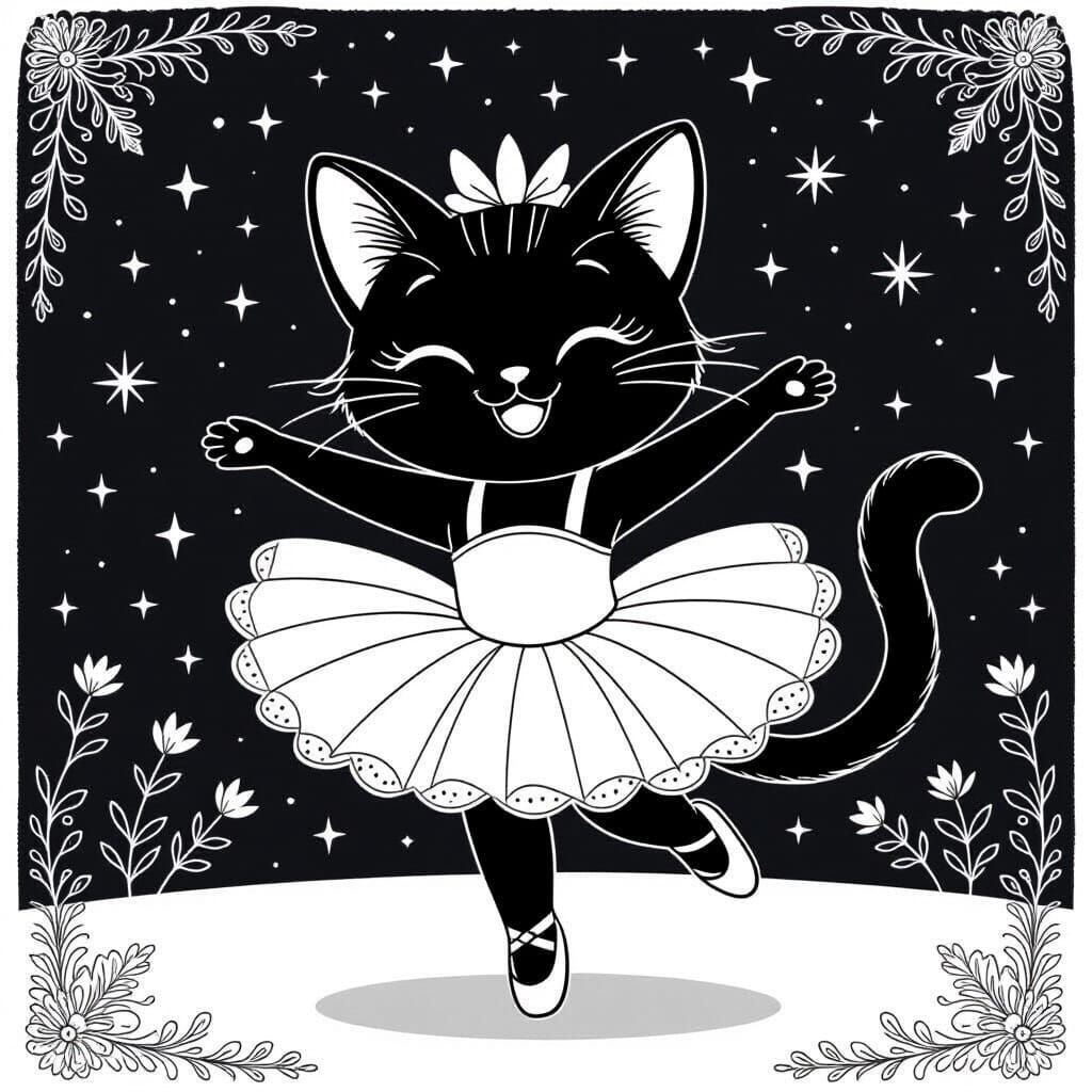 Kawaii Ballerina Cat Coloring Page