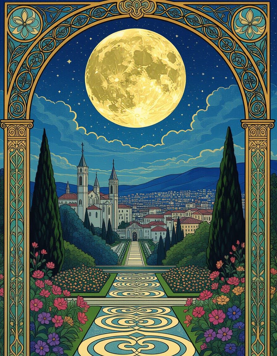 Art Nouveau Elven Palace Garden Under Moonlight