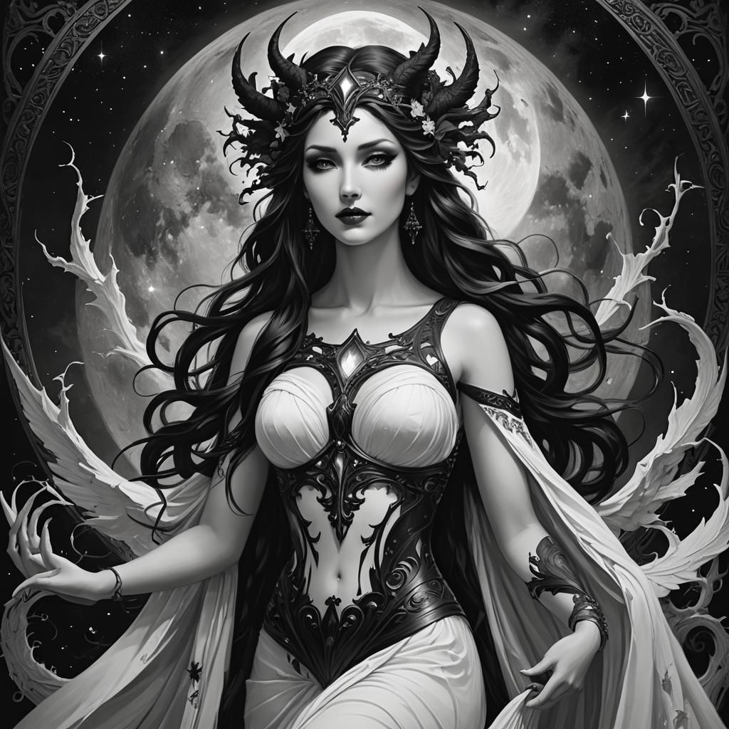 Monochrome Portrait of Nyx, Goddess of Night