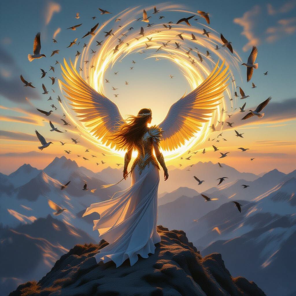 Golden Winged Queen on Mountain Peak at Dawn with Swirling B...