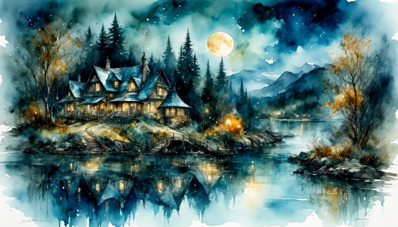 Victorian House by River Under Harvest Moon