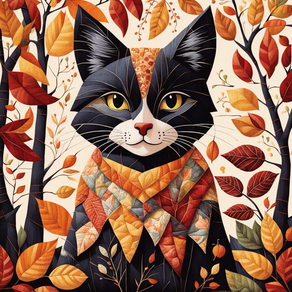 Cozy Folk Art Quilt with Whimsical Black Cat