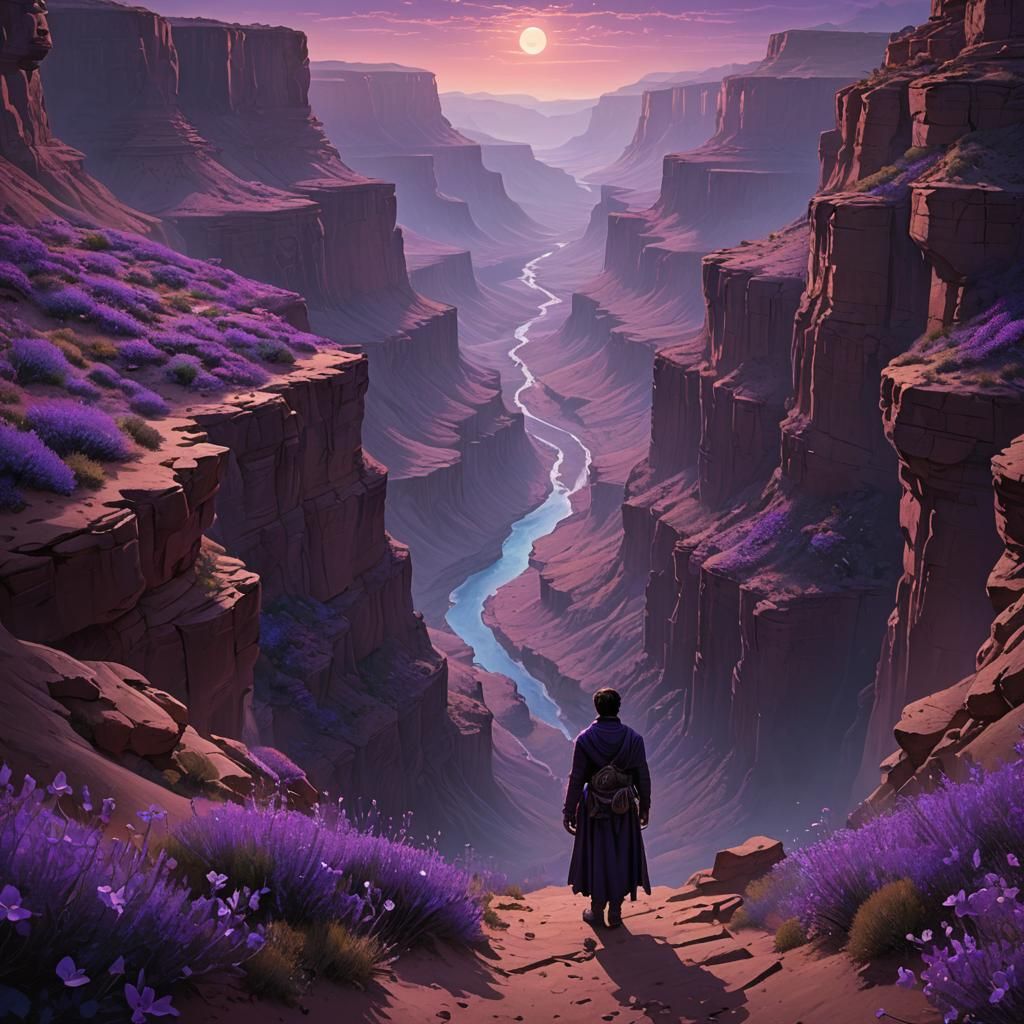 Fantasy Desert Canyon with Purple Flowers