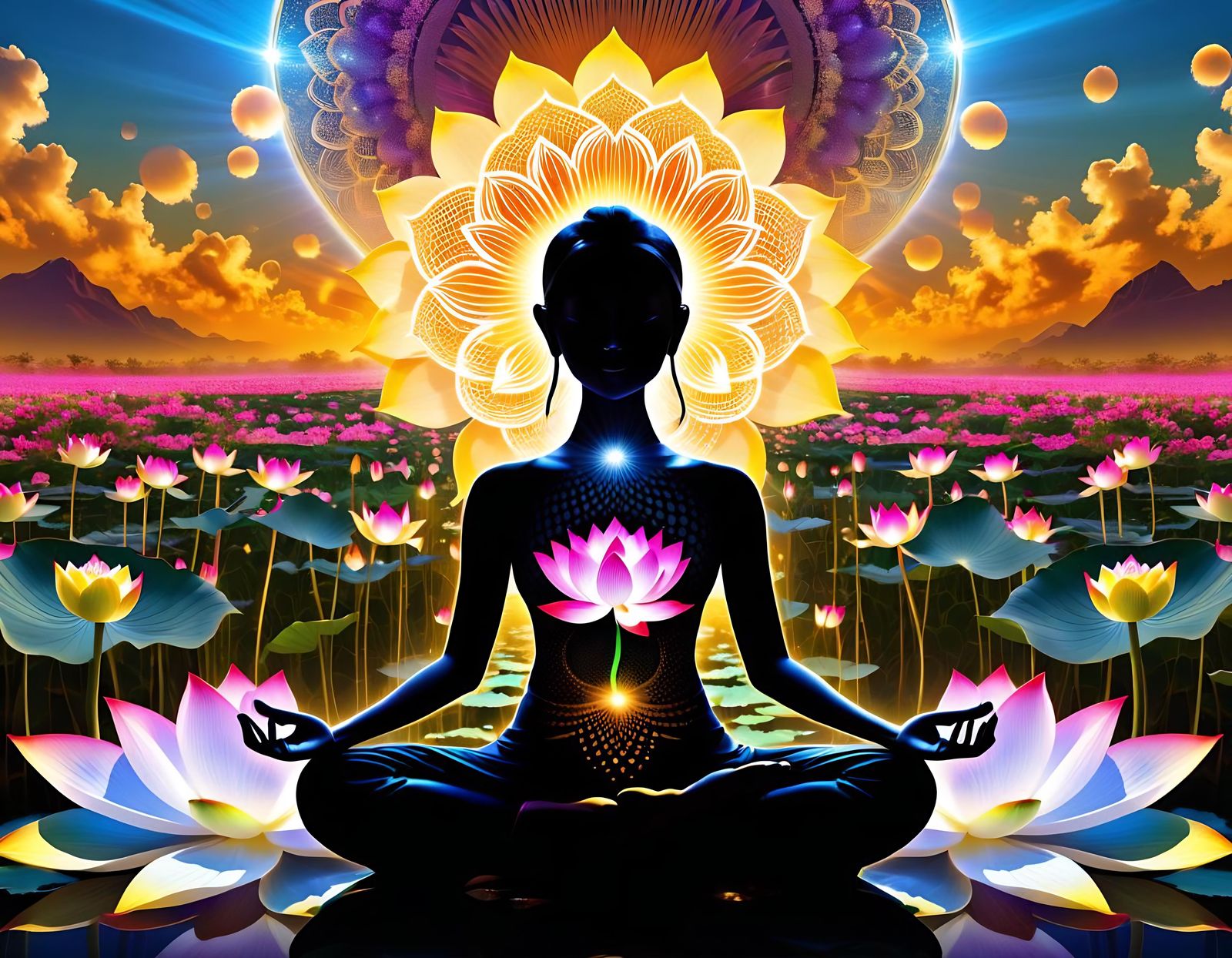 Meditating Figure in Black Lotus Field: Psychedelic Art