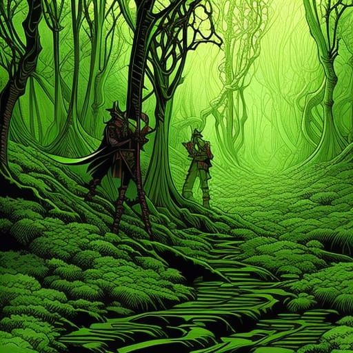 Menacing Shadows in Moss Garden: Comic Book Art