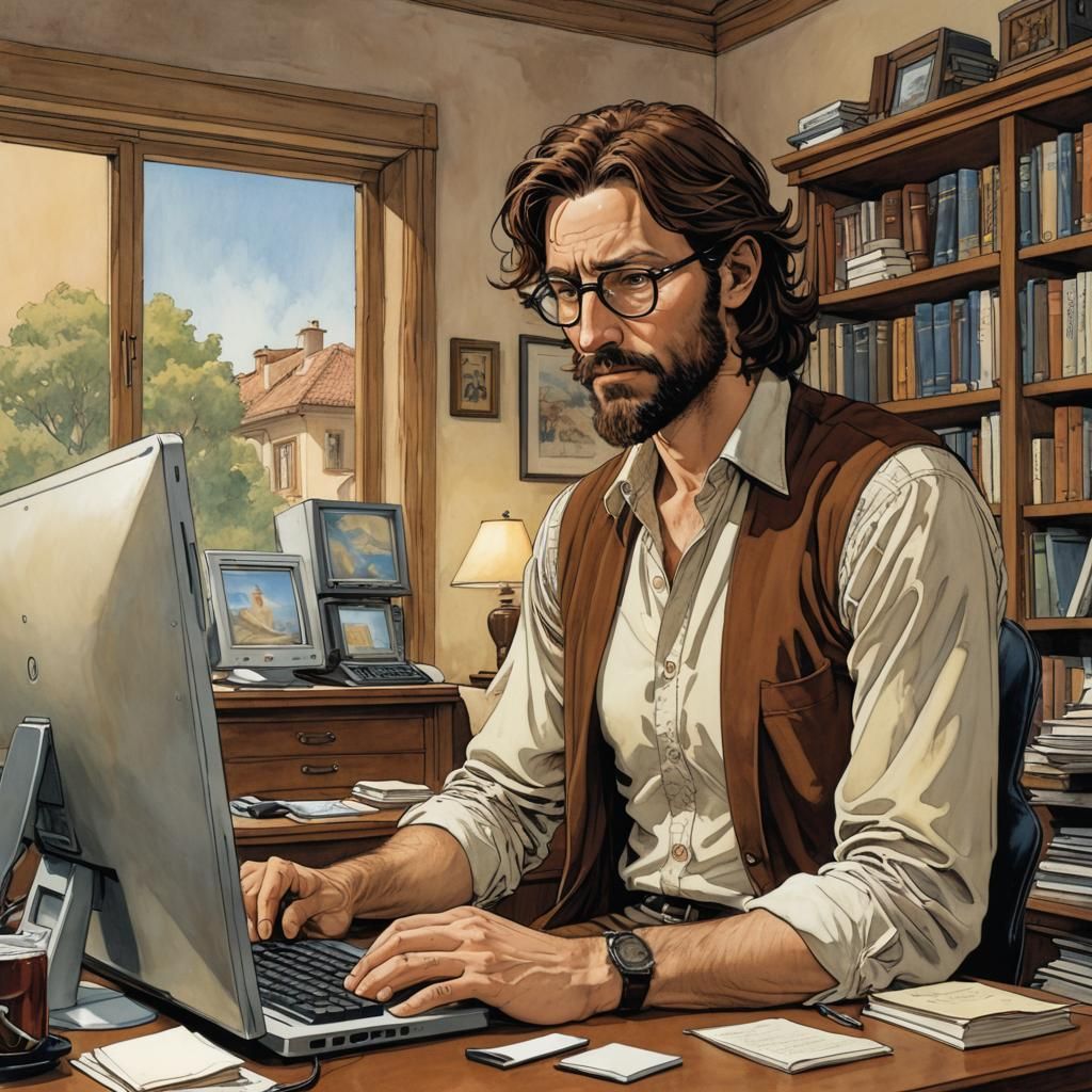 Tired Man Working at Computer, Animated Style