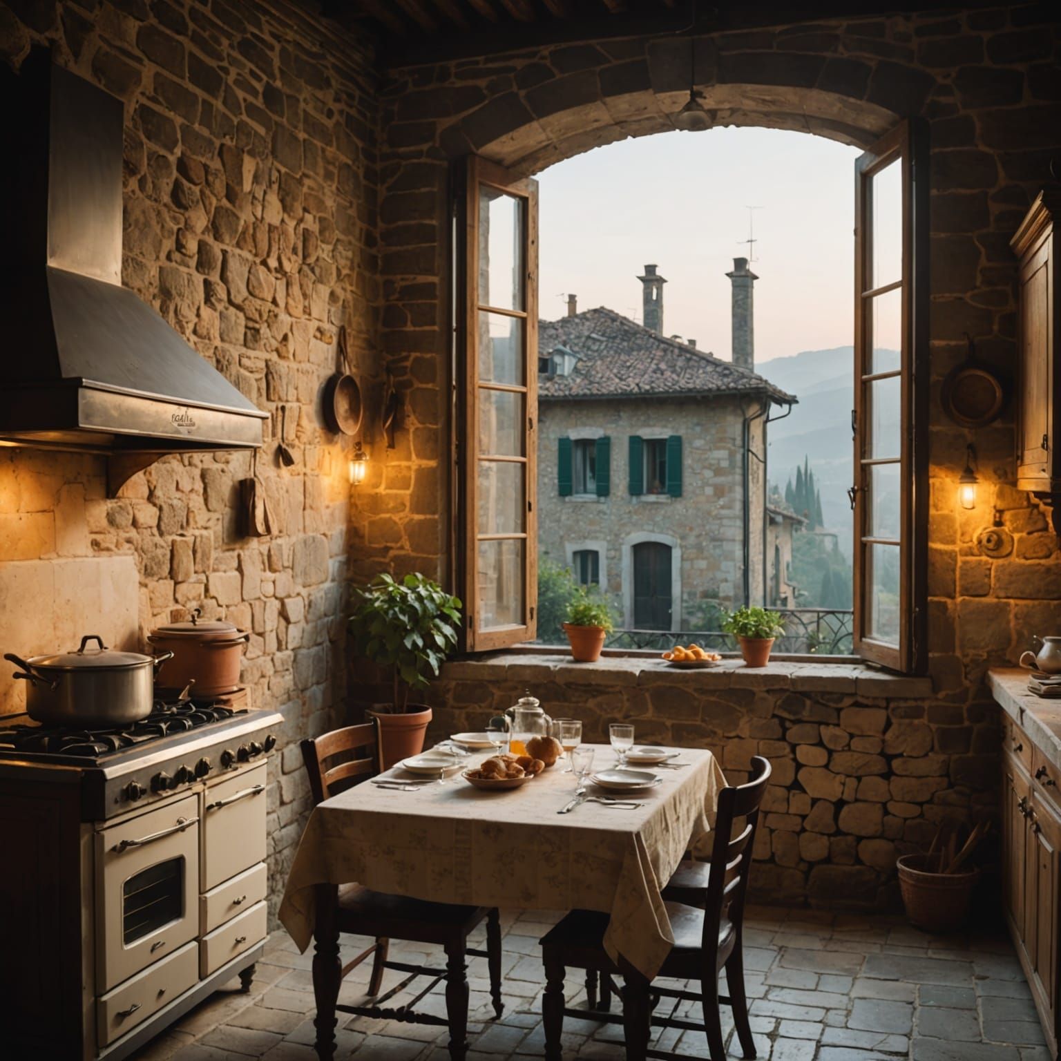 Cozy Italian Kitchen Scene Through Fogged Window