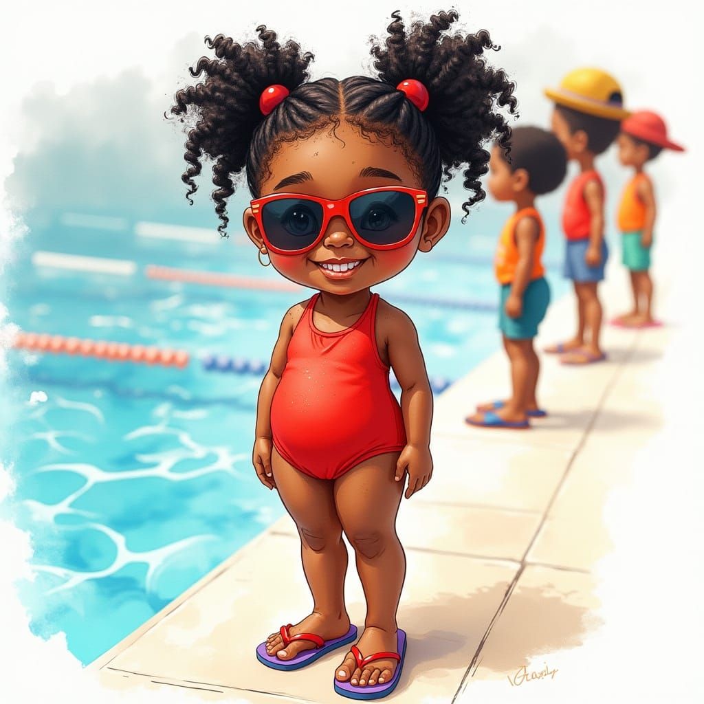 Happy Girl in Red Swimsuit, Watercolor Painting