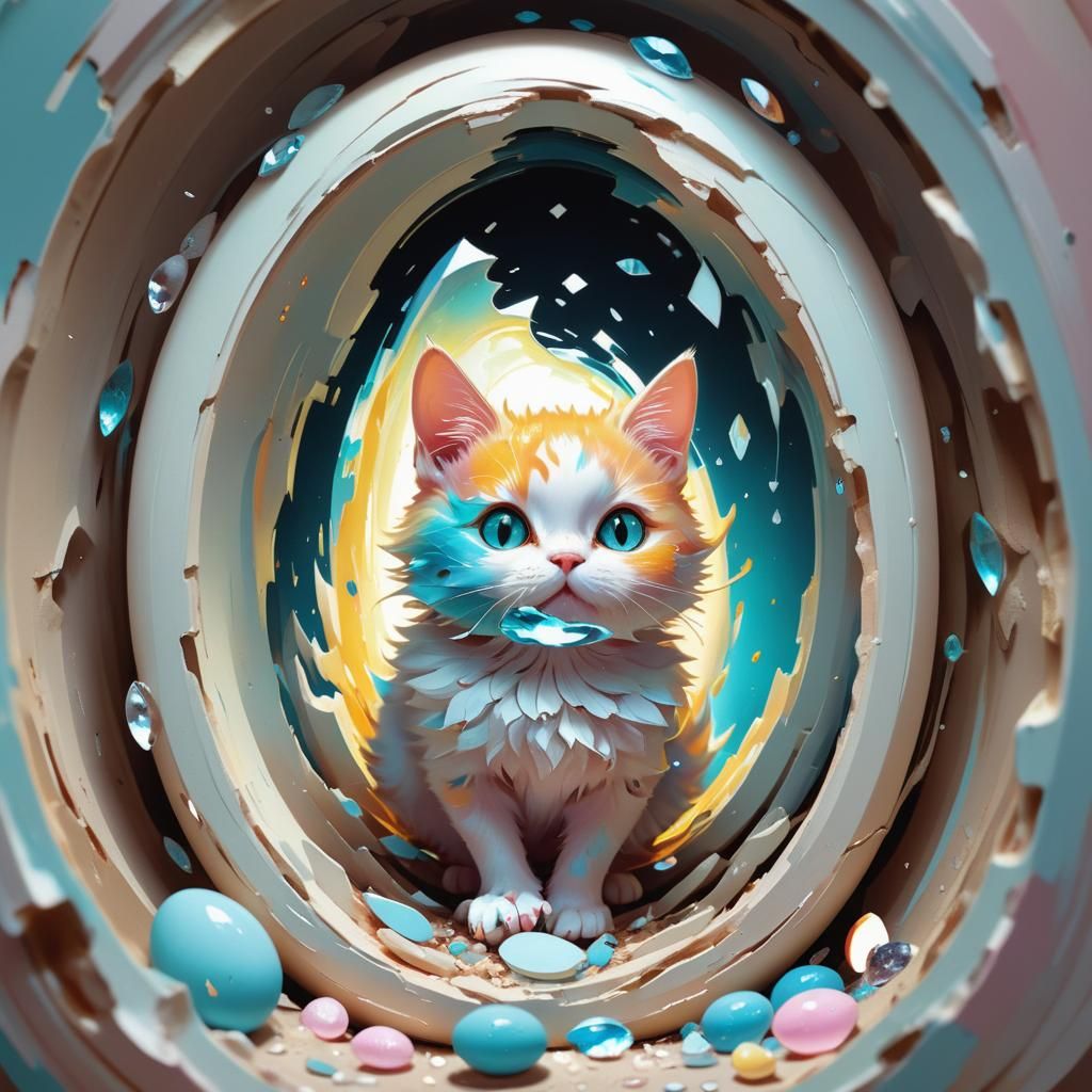 Surreal Cat Emerges from Pastel Egg Portal