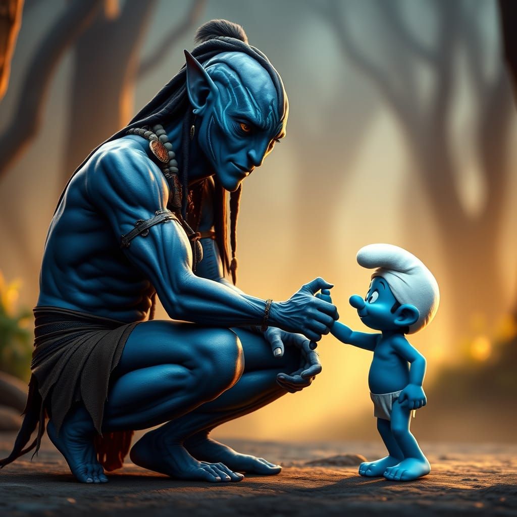 Na'vi Warrior Greets Smurf in Enchanted Forest
