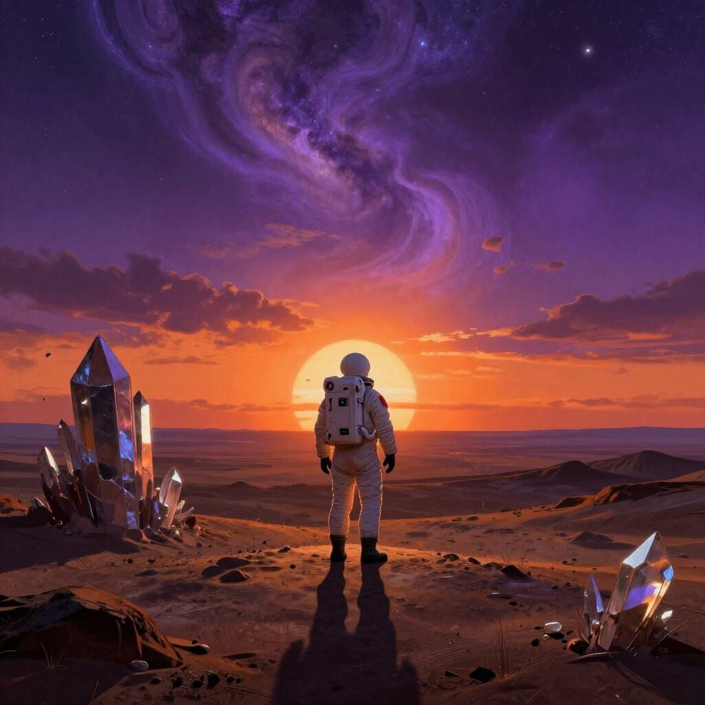 Astronaut Gazes at Binary Sunset on Alien World