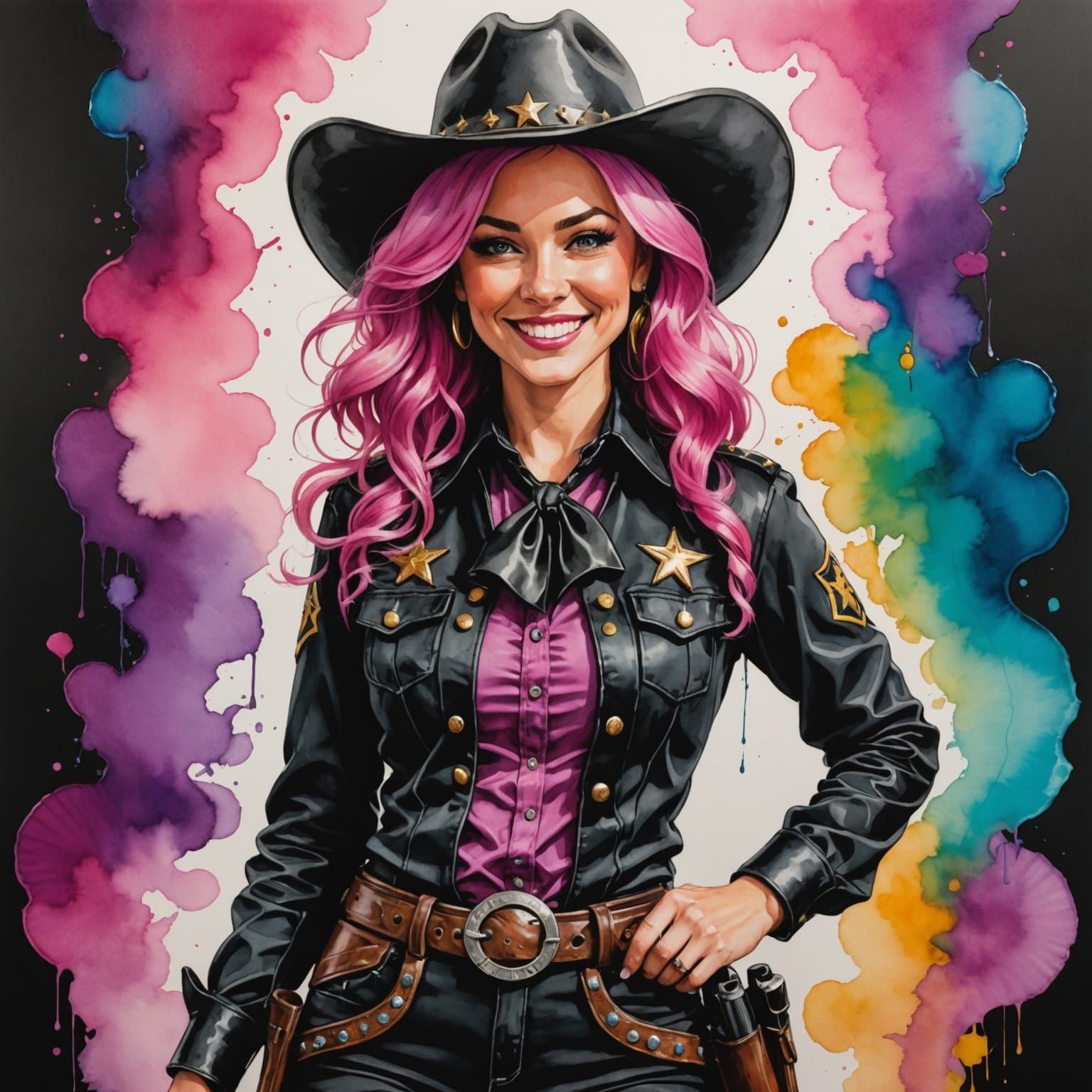 Cowgirl Sheriff Stepping into Saloon in Vibrant Alcohol Ink