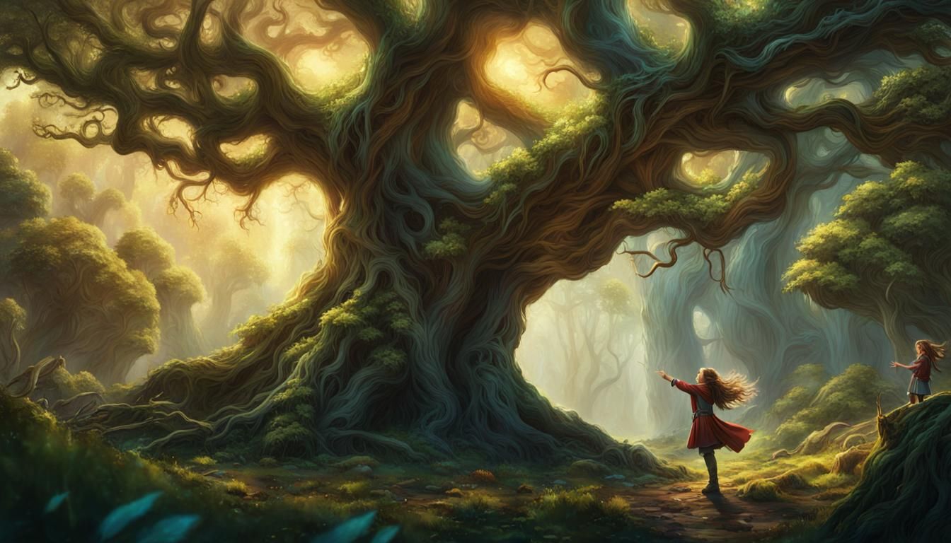 Girl and Elf in Sunlit Forest, Fantasy Art