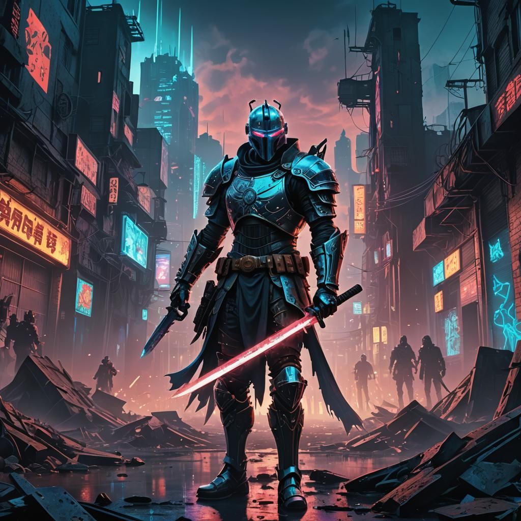 Knight vs Jason Voorhees in Cyberpunk Anime Style