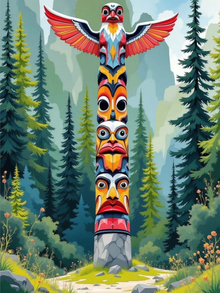Watercolor Totem Pole in the Forest