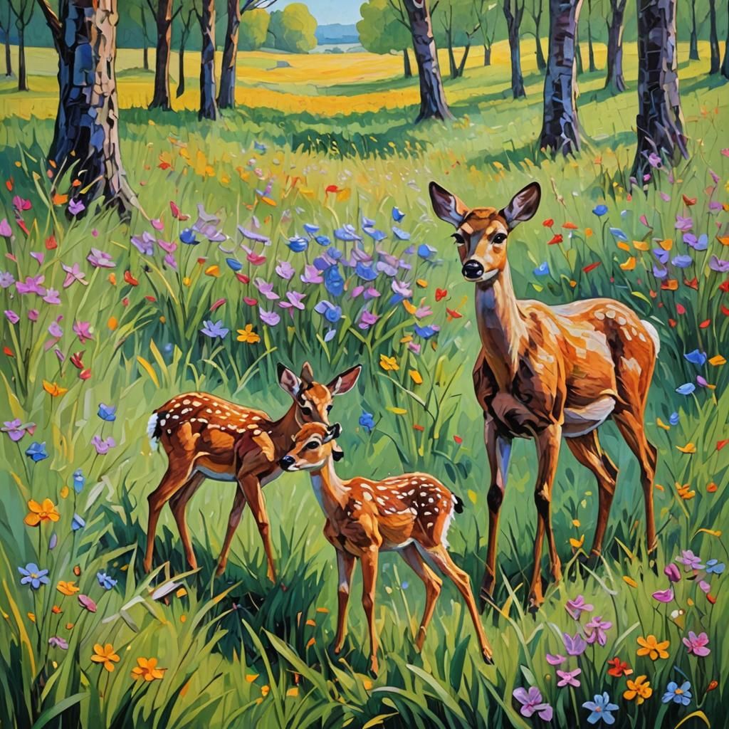 Meadow Deer Family as Impasto Painting