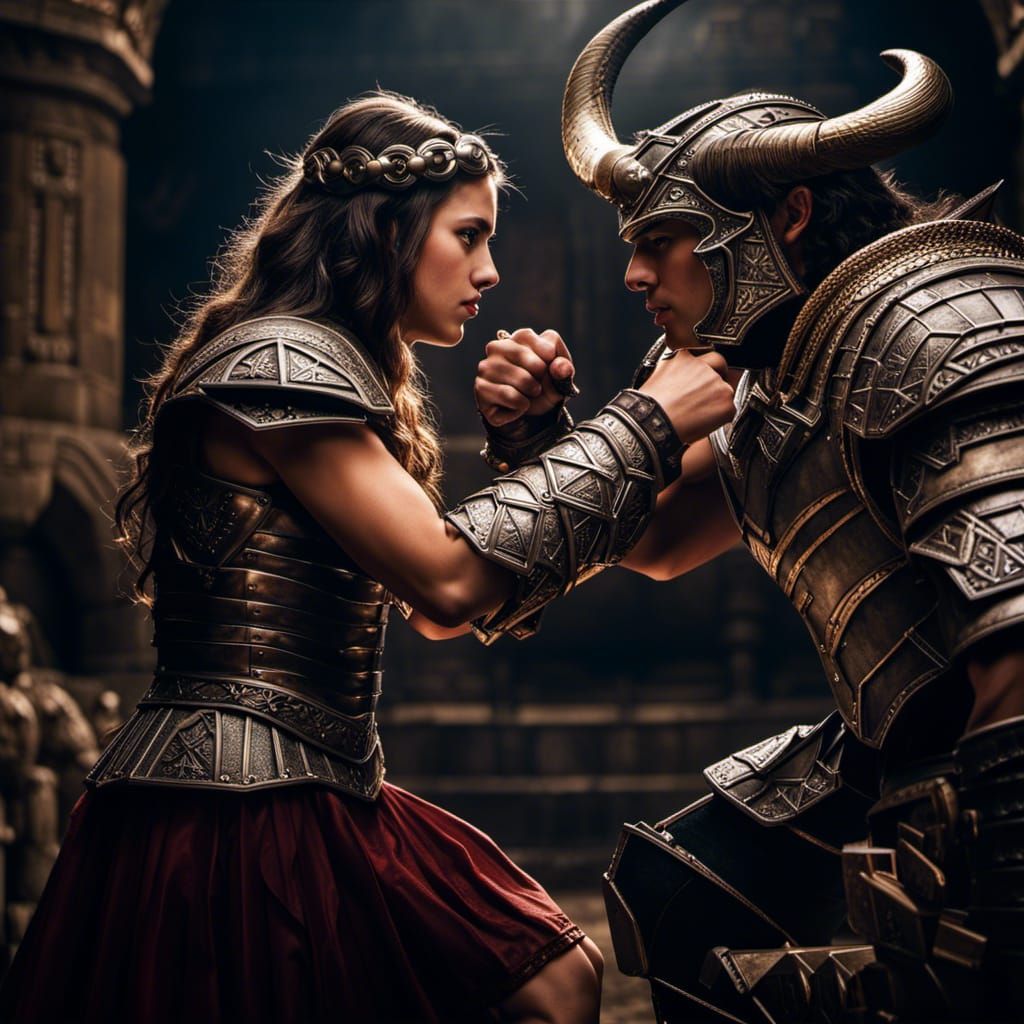 Youth Arm Wrestles Minotaur in Labyrinth