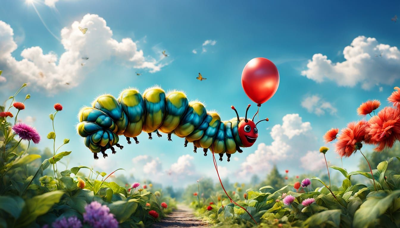 Caterpillar's Balloon Flight in a Sunny Garden
