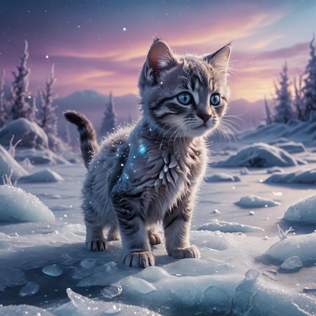 Lonely Kitten on Ice in Fantasy Style