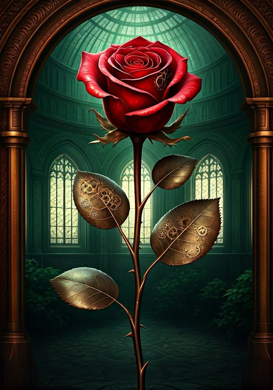 A steampunk red rose in a Victorian greenhouse
