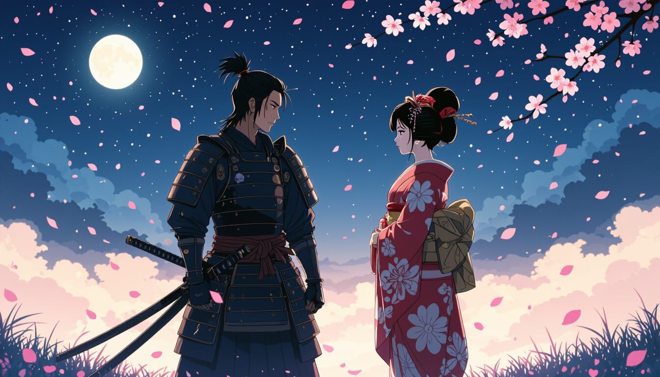 Samurai and Geisha Under Starry Sky, Anime Style
