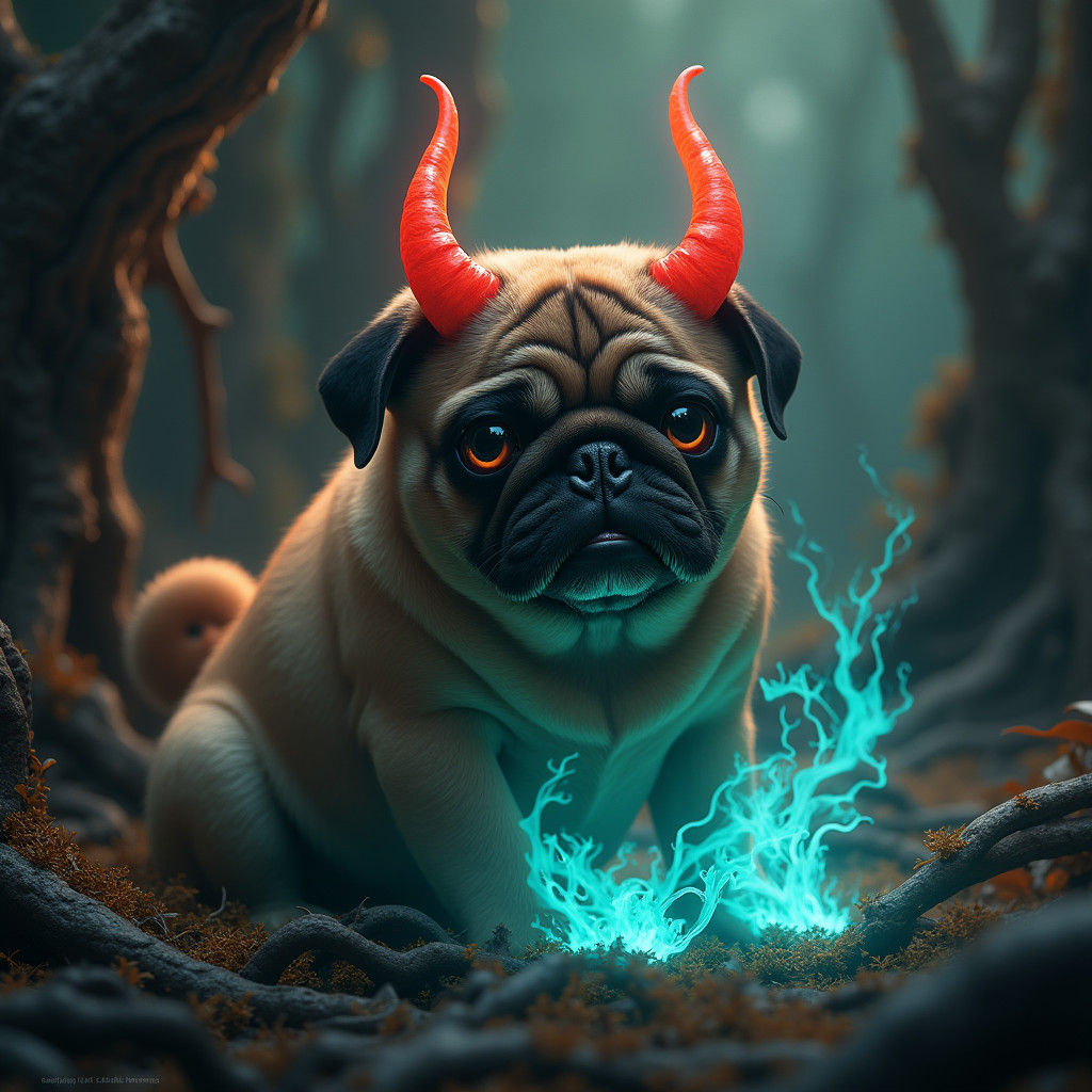 Demon Pug with Crimson Horns in Dark Fantasy Art