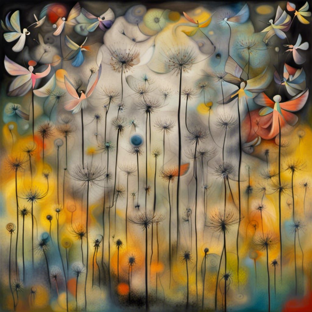 Fairies in Dandelion Dreamscape, Abstract Art