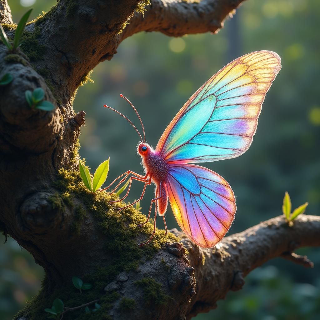 Rainbow Crystal Butterfly on Ancient Oak, Matte Style