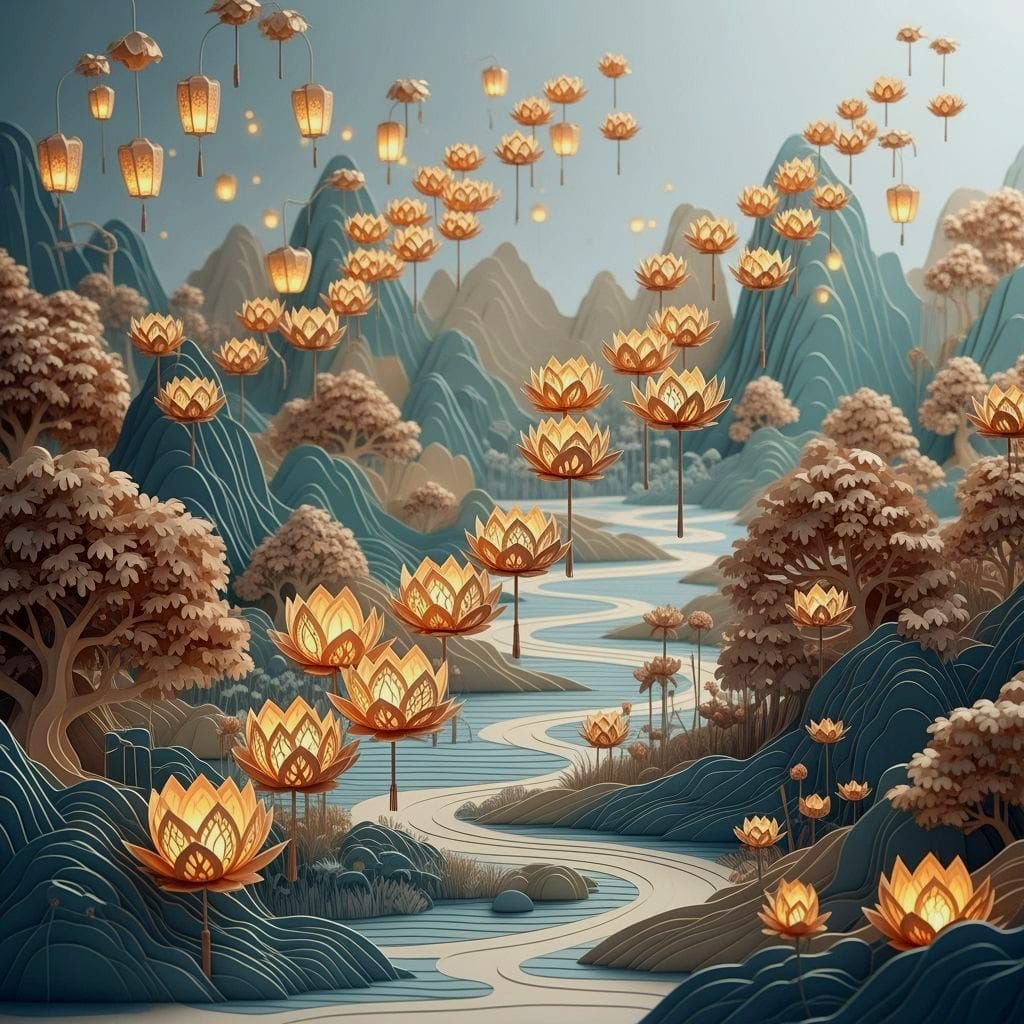 Whimsical 3D Paper Art Garden with Lotus Lanterns