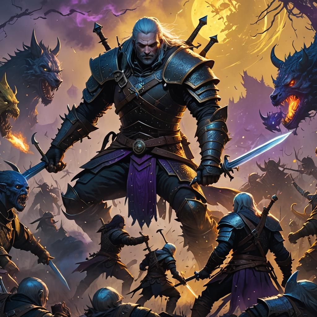 Witcher Fighting Monsters Under Moonlit Sky