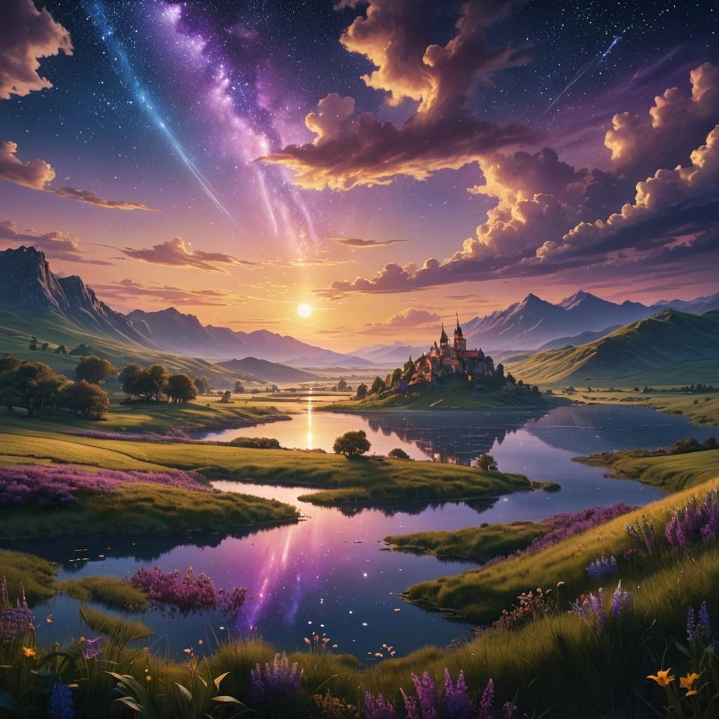Radiant Sunrise Over Serene Fantasy Landscape