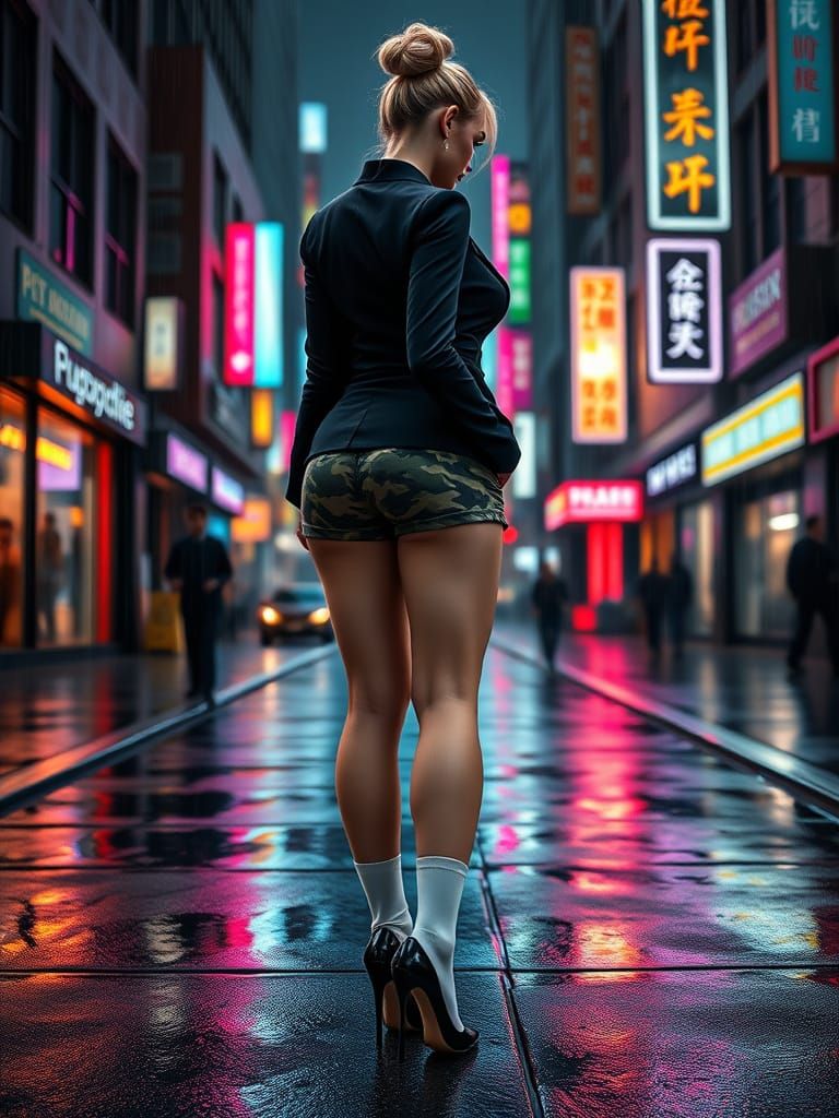 Gorgeous Woman Poses in Cyberpunk Cityscape