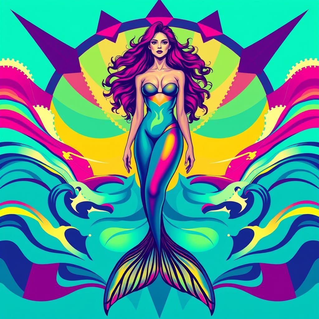 Vibrant Mermaid Goddess in Kaleidoscopic Oceanic Splendor