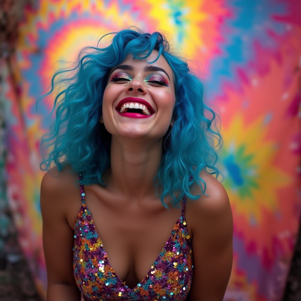 Euphoric Goddess in Vibrant Psychedelic Swirl