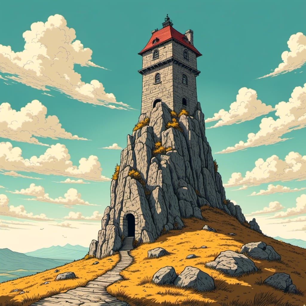 Stone Tower on Windswept Hill in Cartoon Style