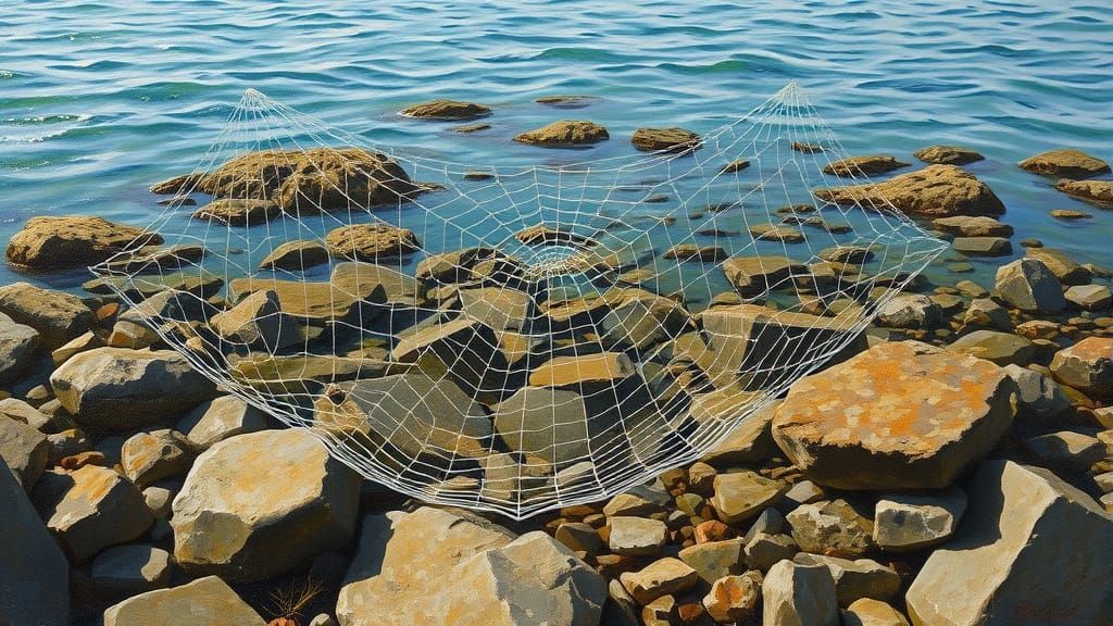 Spider Web on Rocky Shore, Oil Painting
