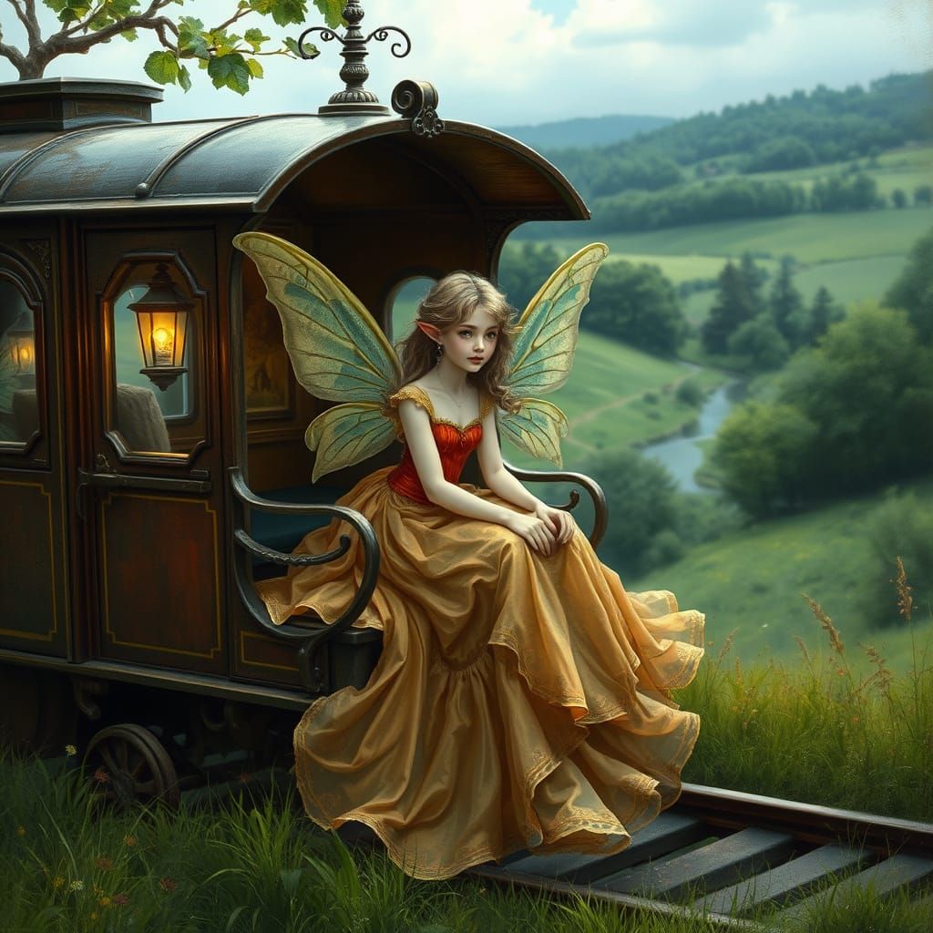 Whimsical Fairy in Vintage Train, Rackham Style